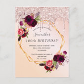 Carte Postale 100e anniversaire rose or parties scintillant invi (Devant)