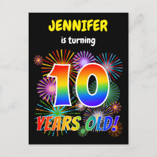 Carte Postale 10e anniversaire - Fun Fireworks, Rainbow Look "10