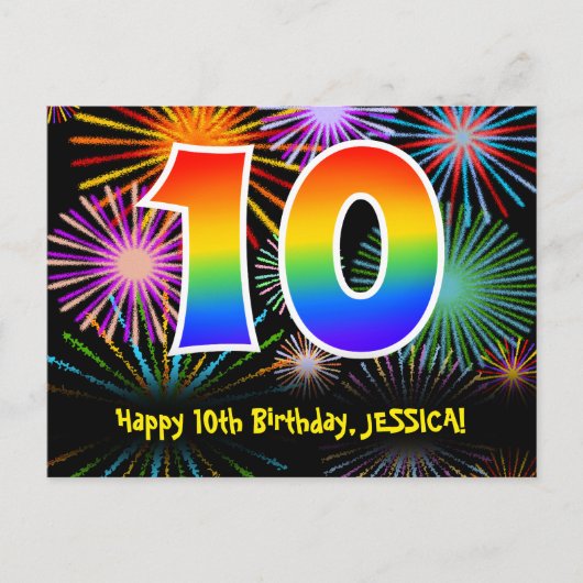 Carte Postale 10e anniversaire - Fun Motif Fireworks + Arc-en-ci (Devant)