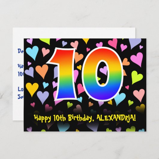 Carte Postale 10e anniversaire : motif coeurs amusants, arc-en-c (Devant / Derrière)