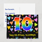 Carte Postale 10e anniversaire : motif de cœurs amusants, arc-en (Devant / Derrière)