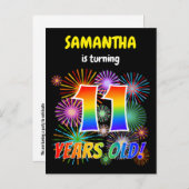 Carte Postale 11e anniversaire - Fun Fireworks, Rainbow Look "11 (Devant / Derrière)