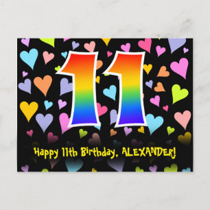 Carte Postale 11e anniversaire : motif coeurs amusants, arc-en-c