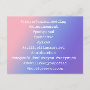 Carte Postale 12 Hashtags Postponed Mariage rose violet Ombre