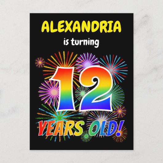 Carte Postale 12e anniversaire - Fun Fireworks, Rainbow Look "12 (Devant)