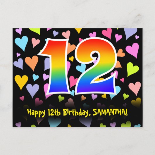Carte Postale 12e anniversaire : motif coeurs amusants, arc-en-c (Devant)