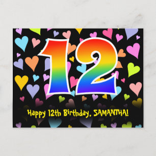 Carte Postale 12e anniversaire : motif de cœurs amusants, arc-en