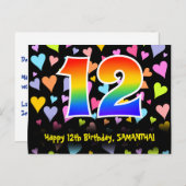 Carte Postale 12e anniversaire : motif de cœurs amusants, arc-en (Devant / Derrière)