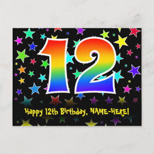 Carte Postale 12e Anniversaire : motif d'étoiles amusantes, arc-