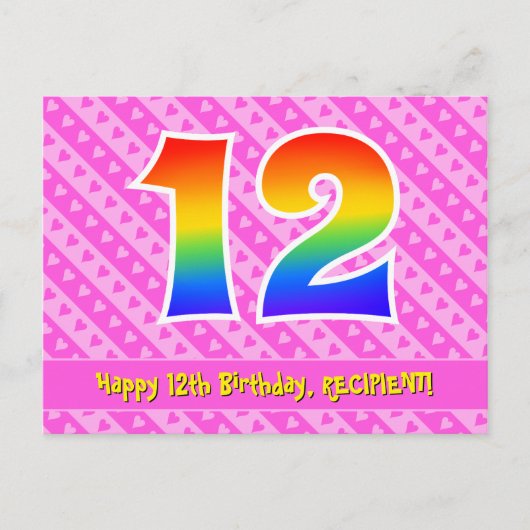 Carte Postale 12e anniversaire : Pink Stripes & Hearts, Rainbow (Devant)