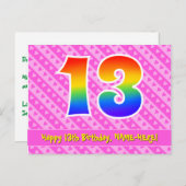 Carte Postale 13e anniversaire: bandes roses et coeurs, arc-en-c (Devant / Derrière)