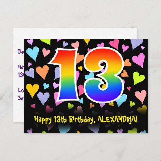 Carte Postale 13e anniversaire : Fun Hearts Motif, Arc-en-ciel 1 (Devant / Derrière)