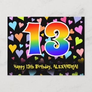 Carte Postale 13e anniversaire : motif coeurs amusants, arc-en-c