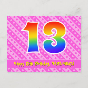Carte Postale 13e anniversaire : Rayures roses et cœurs, Arc-en-