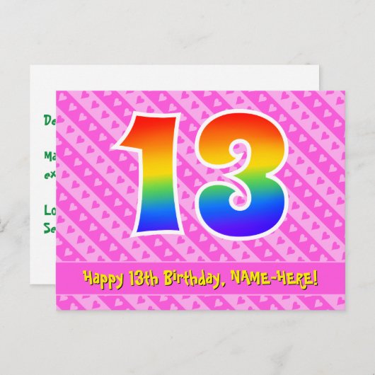 Carte Postale 13e anniversaire : Rayures roses et cœurs, Arc-en- (Devant / Derrière)