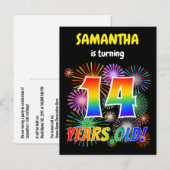 Carte Postale 14e anniversaire - Fun Fireworks, Rainbow Look "14 (Devant / Derrière)