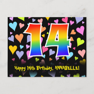 Carte Postale 14e anniversaire : Fun Hearts Motif, Arc-en-ciel 1