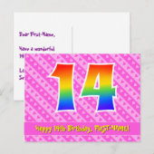 Carte Postale 14e anniversaire : Rayures roses et cœurs, Arc-en- (Devant / Derrière)