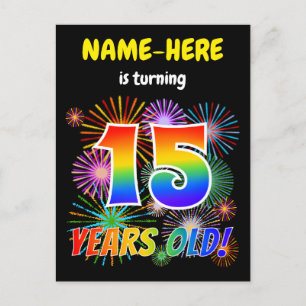 Carte Postale 15e anniversaire - Fun Fireworks, Rainbow Look "15