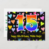 Carte Postale 15e anniversaire : Fun Hearts Motif, Arc-en-ciel 1 (Devant / Derrière)