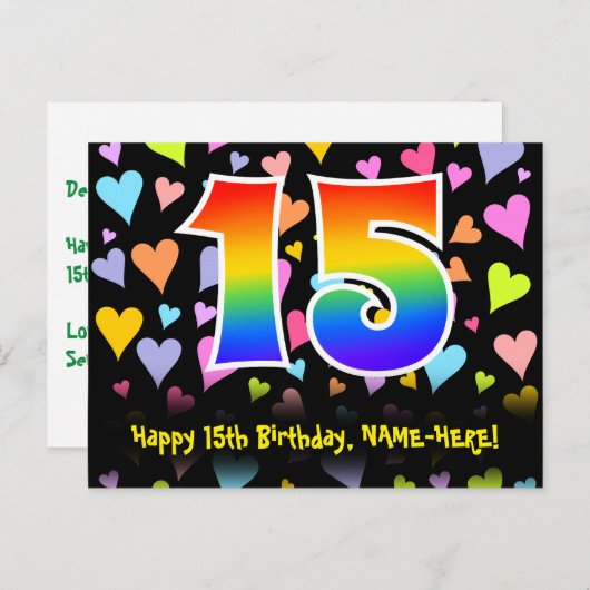 Carte Postale 15e anniversaire : Fun Hearts Motif, Arc-en-ciel 1 (Devant / Derrière)