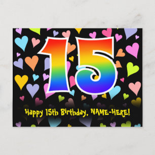 Carte Postale 15e anniversaire : motif de cœurs amusants, arc-en