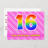 Carte Postale 16e anniversaire : Bandes roses et cœurs, Arc-en-c (Devant / Derrière)