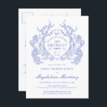 CARTE POSTALE 16e anniversaire Blue Floral Crest I<br><div class="desc">Une élégante crête vintage de fleurs bleues françaises occupe le devant de la scène pour cette invitation intemporelle à l'anniversaire. Orné,  formel et très féminin fera que toute femme d'anniversaire se sentira très spéciale. Des fournitures de partie de coordination sont disponibles.</div>