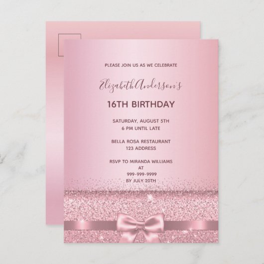 Carte Postale 16e anniversaire de fête blush rose pétillant invi (Devant / Derrière)