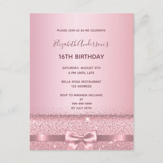 Carte Postale 16e anniversaire de fête blush rose pétillant invi (Devant)