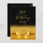 Carte Postale 16e anniversaire fête noir girlygold bow invitatio (Devant / Derrière)