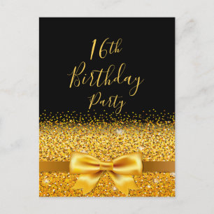 Carte Postale 16e anniversaire fête noir girlygold bow invitatio
