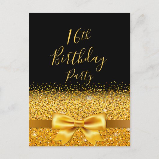 Carte Postale 16e anniversaire fête noir girlygold bow invitatio (Devant)