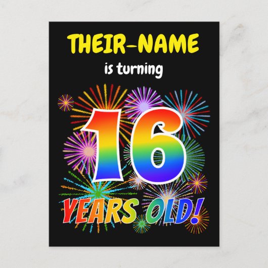 Carte Postale 16e anniversaire - Fun Fireworks, Rainbow Look "16 (Devant)