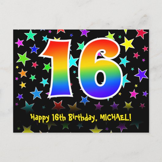 Carte Postale 16e anniversaire : Fun Stars Motif, Rainbow 16, No (Devant)