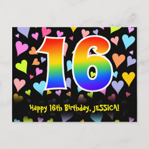 Carte Postale 16e anniversaire : motif coeurs amusants, arc-en-c