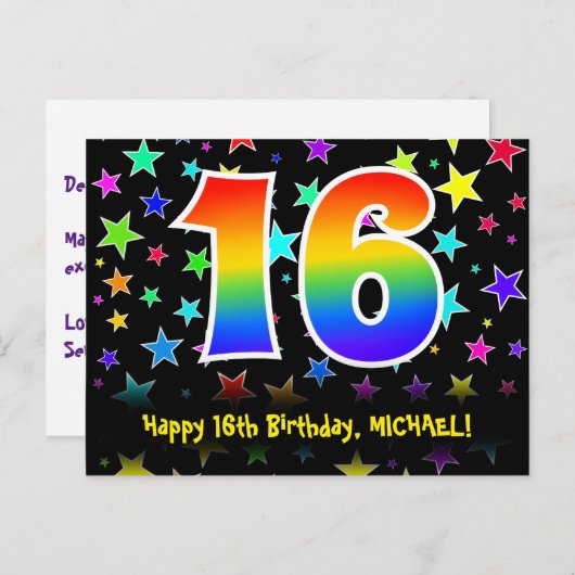 Carte Postale 16e Anniversaire : motif d'étoiles amusantes, arc- (Devant / Derrière)