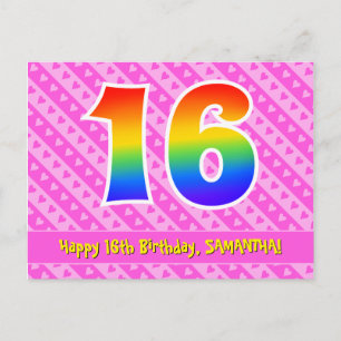 Carte Postale 16e anniversaire : Rayures roses et cœurs, Arc-en-