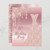 Carte Postale 16e anniversaire rose parties scintillant or invit (Devant / Derrière)