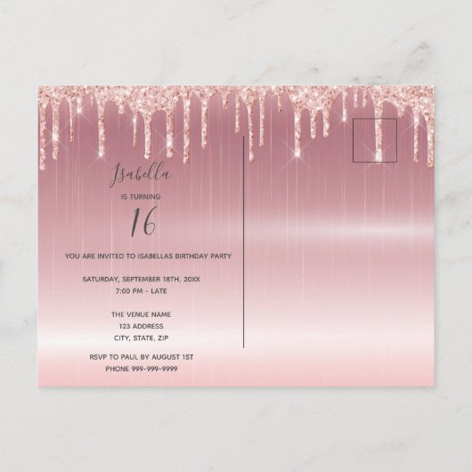 Carte Postale 16e anniversaire rose parties scintillant or invit (Dos)