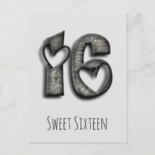 Carte Postale 16e anniversaire Sweet 16 Coeurs rustiques Typogra