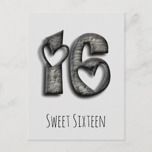 Carte Postale 16e anniversaire Sweet 16 Coeurs rustiques Typogra (Devant)