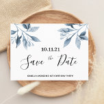 Carte Postale 16th birthday white blue botanical save the date<br><div class="desc">An elegant and simple Save the Date card for a Sweet Sixteenth 16th birthday party. A chic white background decorated ice blue watercolored botanical florals. Templates for a date and name/age 16. Black colored letters. The text: Save the Date is written with a large trendy hand lettered style script. Tip:...</div>