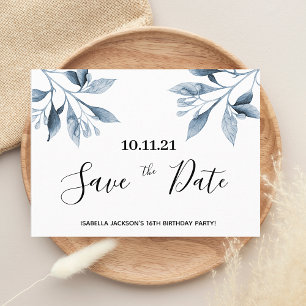 Carte Postale 16th birthday white blue botanical save the date