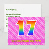 Carte Postale 17e anniversaire : Bandes roses et cœurs, Arc-en-c (Devant / Derrière)