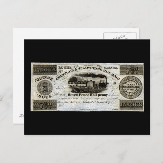 Carte Postale 1837 Monnaie ferroviaire canadienne (Devant / Derrière)