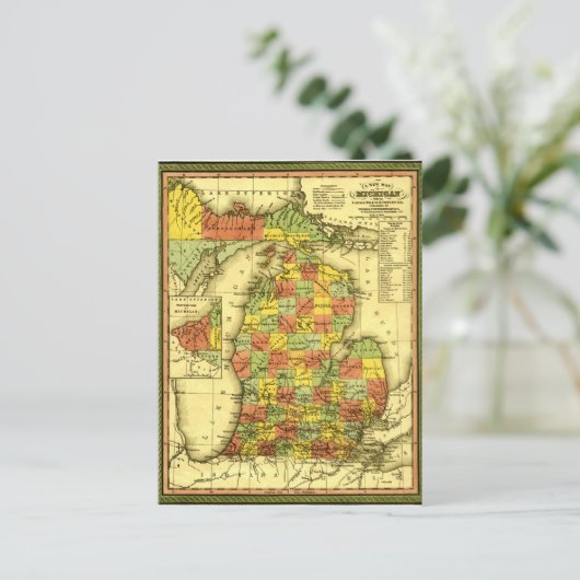 Carte Postale 1853 Vivid Map of Michigan Montrer la véritable al (Debout devant)