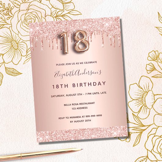 Carte Postale 18e anniversaire rose or parties scintillant rose 