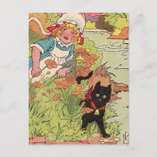Carte Postale 1915 petite fille mignonne et son chat noir (Devant)