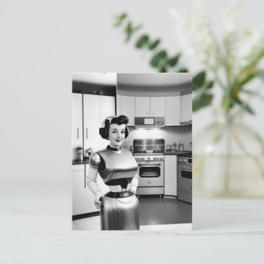 Carte Postale 1950 rétro science fiction robot ménagère (Debout devant)